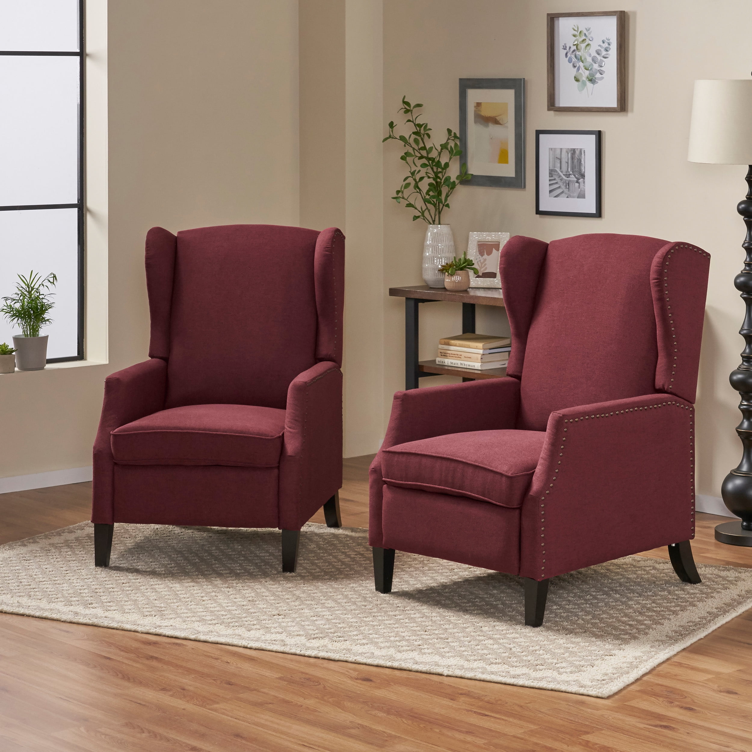 Noble House Wescott Fabric Nailhead Trim Recliner with 2 Sets, Dark Brown/Deep Red