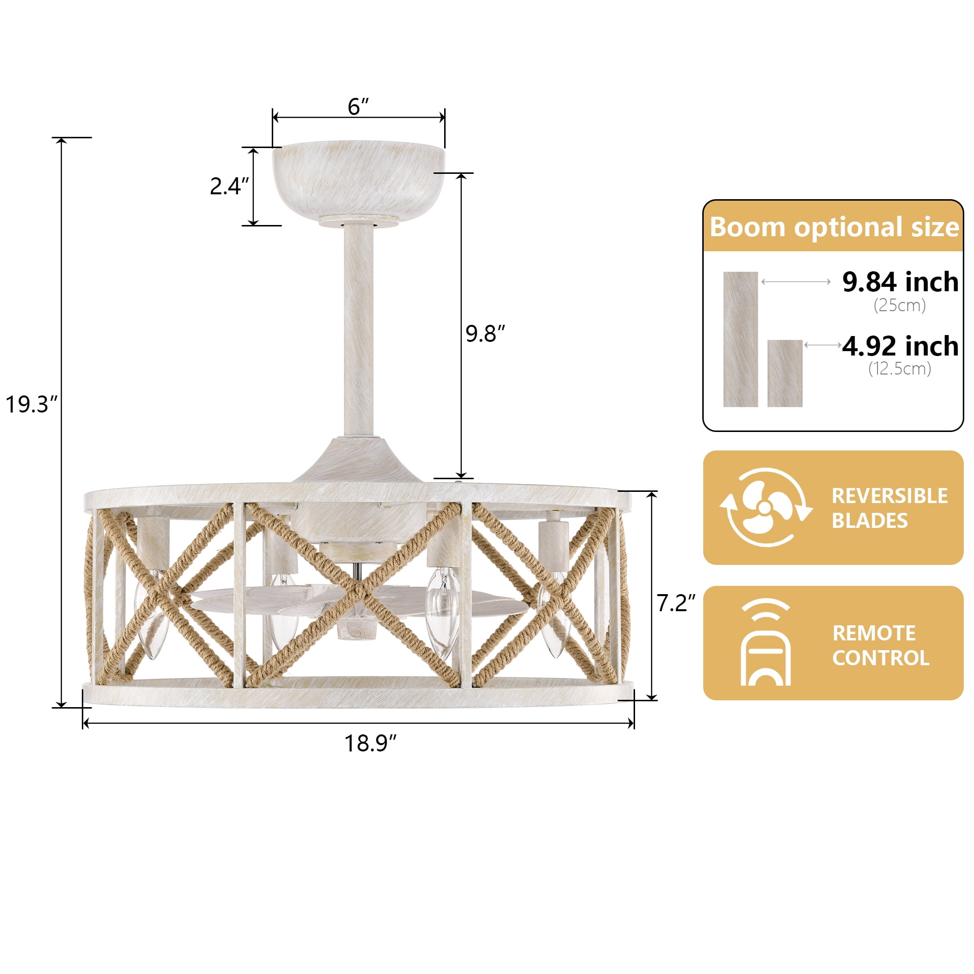 Maxax 18.9" Farmhouse Ceiling Fan with Lights, Vintage White 7-Blade Fan, 6-Speed Remote, Reversible Motor, 4 E12 Sockets, Bedroom Dining Room Living Room