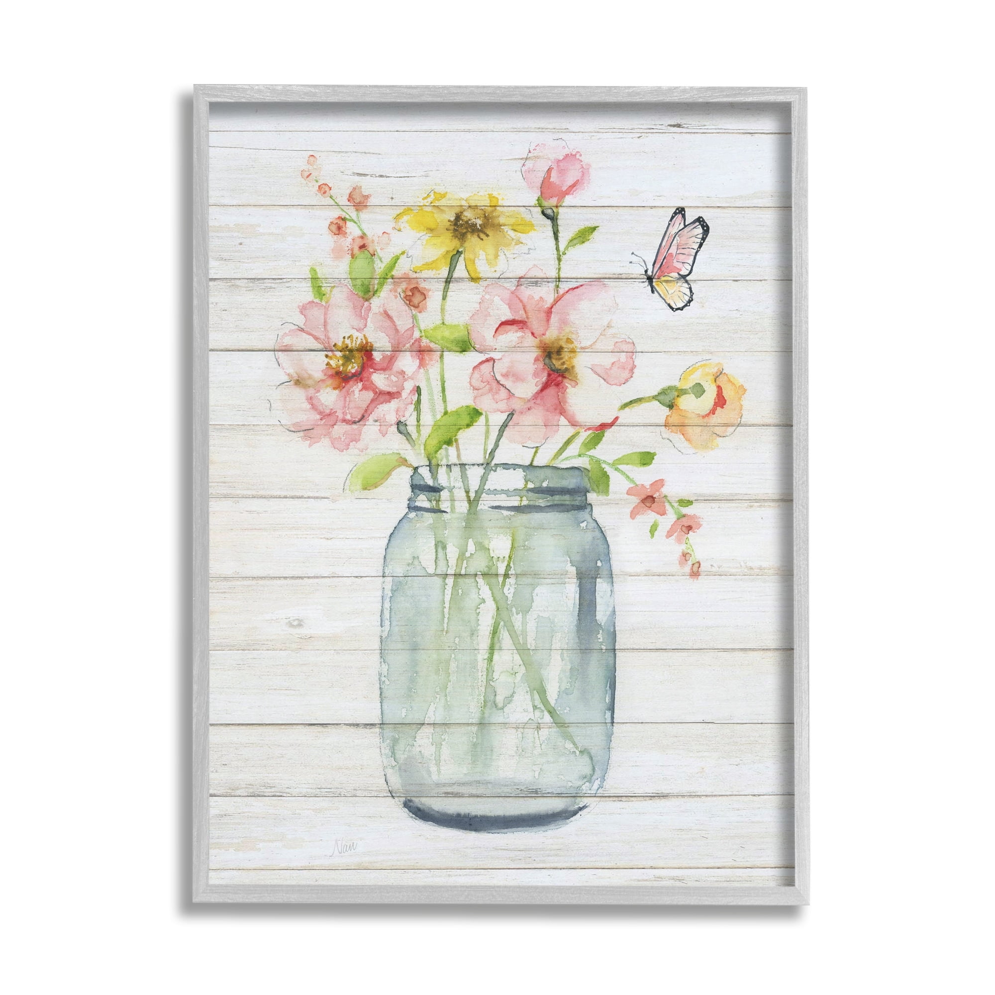 Stupell Industries Spring Wild Flower Assortment Country Mason Jar Butterfly,11 x 14, Design by Nan