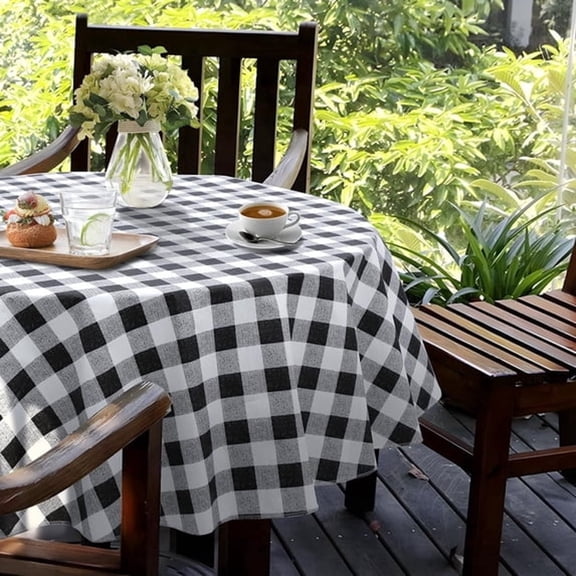 AUQ 60'' Round Checkered Tablecloth Disposable Vinyl Tablecloths with Flannel Backing Wipeable Spillproof Plastic Table Cover Pvc Waterproof Table Cloth for Indoor Outdoor