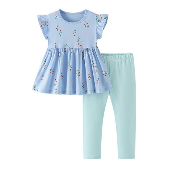 TOOYOU Girls Summer Outfit Sets Casual Short Sleeved Cute Floral Stylish Short Sleeved   Pants Two Piece Set Girls Casual Outfit Sets For School Size 4-5 Years Blue