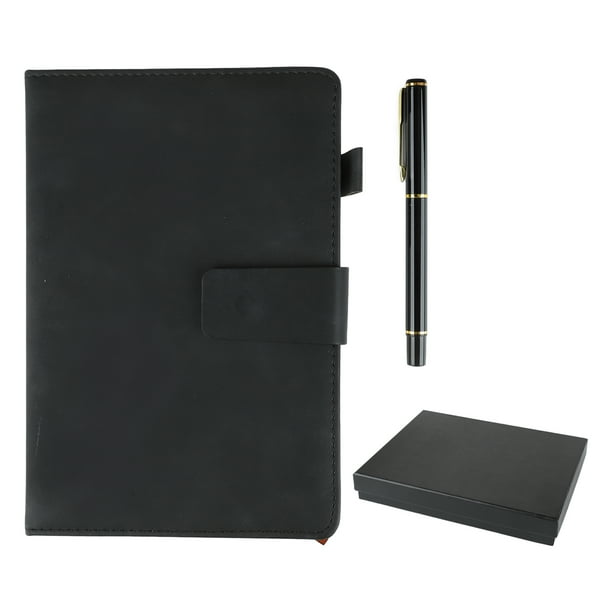 Cuaderno A5 con cubierta de cuero sintético, suave, resistente a la tinta, papel grueso, papel rayado, con estuche para bolígrafos, para la escuela, la oficina, viajes, color negro