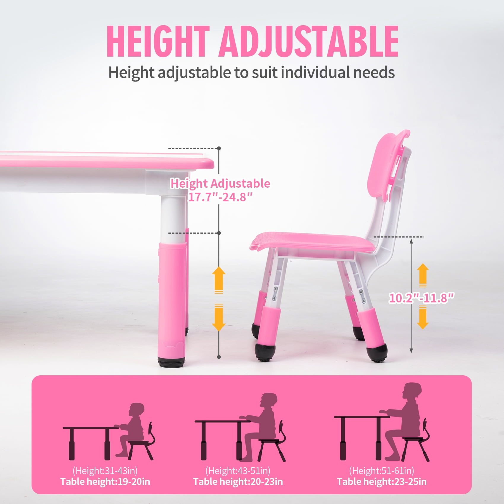 UNICOO Kids Table and Chairs Set, Height Adjustable Multi-Activity Preschool Table with Graffiti Desktop for Ages 2-8 - Versatile Kids Tables for Play, Learning, and Creativity(Maple Top/Pink Border)