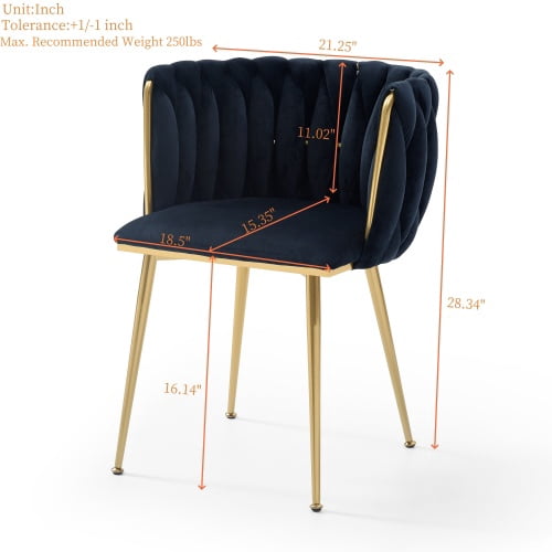 Set of 2 Modern Velvet Dining Chairs with Woven Backrest & Golden Metal Legs – Upholstered Accent Chairs for Dining Room, Kitchen, Living Room, Bedroom, Vanity, Black