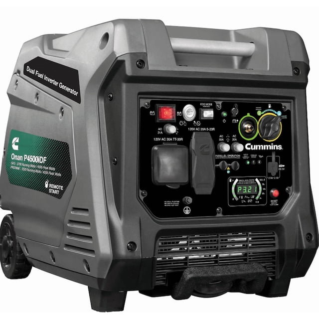 Cummins Power Generation Generator Power A068H732 Onan P4500iDF; Digital Inverter Generator/Remote Start 224 CC OHV 4-Stroke Engine; LED Display; Gasoline/Propane/3.4 Gallon Tank Capacity