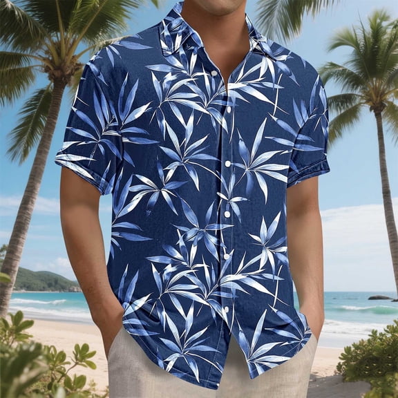 Jessboyy Men's Hawaiian Shirts Trendy Palm Tree Printed Short Sleeve Button Down Shirt Summer Tropical Beach Vacation Shirts Big and Tall Multicolor XL