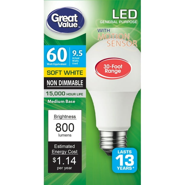 Great Value Led Light Bulb 9 5 Watts 60w Equivalent A19 Motion Sensor Lamp E26 Medium Base Non Dimmable Soft White 1 Pack Walmart Com Walmart Com