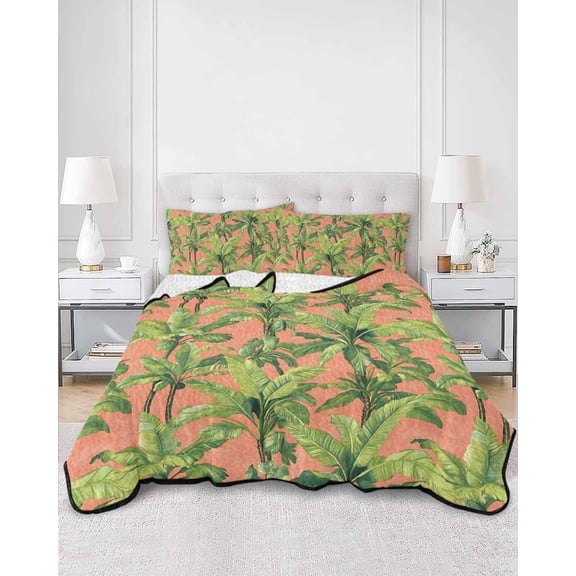 Quilts Queen Size, Palm Tree Tropical Soft Comforter Bedding Set for Bed, Pink Summer Green Botanical Lightweight Quilted Bedspread with Pillow Cover(2 Pieces) for All Season, 90x96 Inch