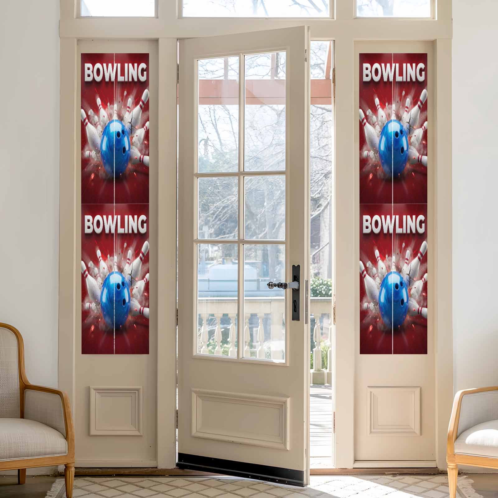 Bowling Window Privacy Film, Vintage Bowling Bottles Ball Red Background Frosted Glass Window Clings Static Cling UV Heat Blocking Reusable Door Sticker for Bathroom 29.5 x 118 Inch
