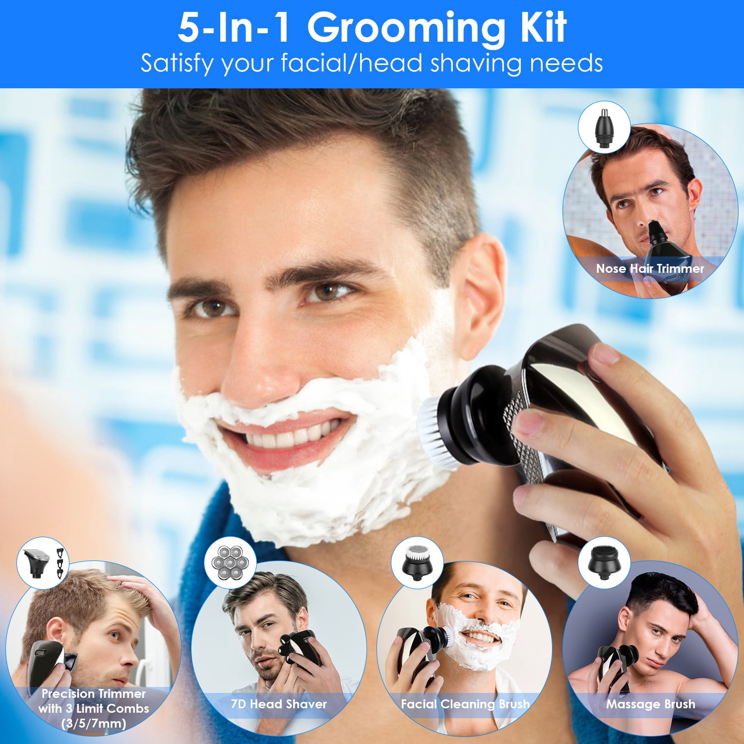 Moclever Head Shavers for Bald Men, 5 in 1 7D Cordless Head Beard Trimmer IPX6 Waterproof Dry Wet Grooming Kit with 3 Combs, Silver