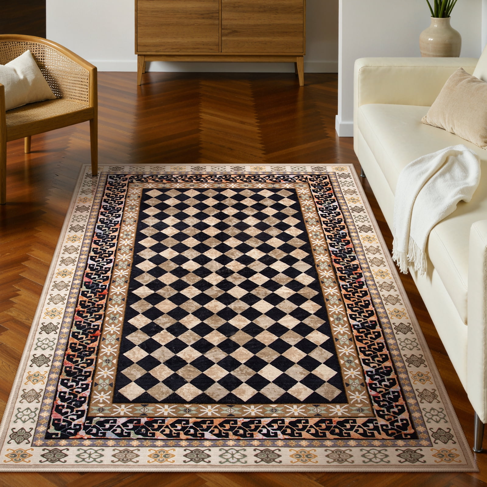 RUG ROBOT 5'x7' Area Rugs for Living Room, Non-Slip Washable Checkered Rug for Bedroom, Indoor Soft Vintage Diamond Carpet for Dining Room Home Decor, Black