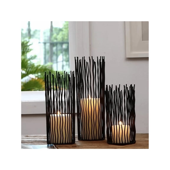 Black Metal Wire Geometric Candleholder Set, Hollow Pillar Candle Holders for Table Centerpiece, Fireplace Mantel, Party, Wedding & Halloween Decor