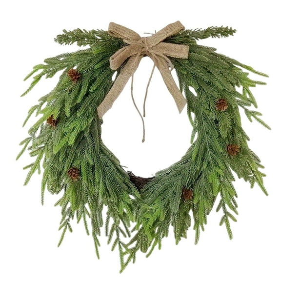Norfolk Pine Christmas Wreath, Artificial Farmhouse Wreath with Burlap Bow Pine Cone, Real Touch Holiday Wreath for Front Door Window Fireplace Indoor Outdoor Decor -15.7 Inch