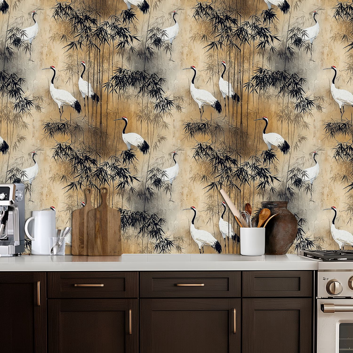 Peel and Stick Wallpaper Elegant Crane Birds Bamboo Forest Soft Earth Tones Wall Mural 17.7in x 9.8ft Self Adhesive Removable Wall Paper Renter Friendly Wallpaper for Nursery Bedroom Cabinets
