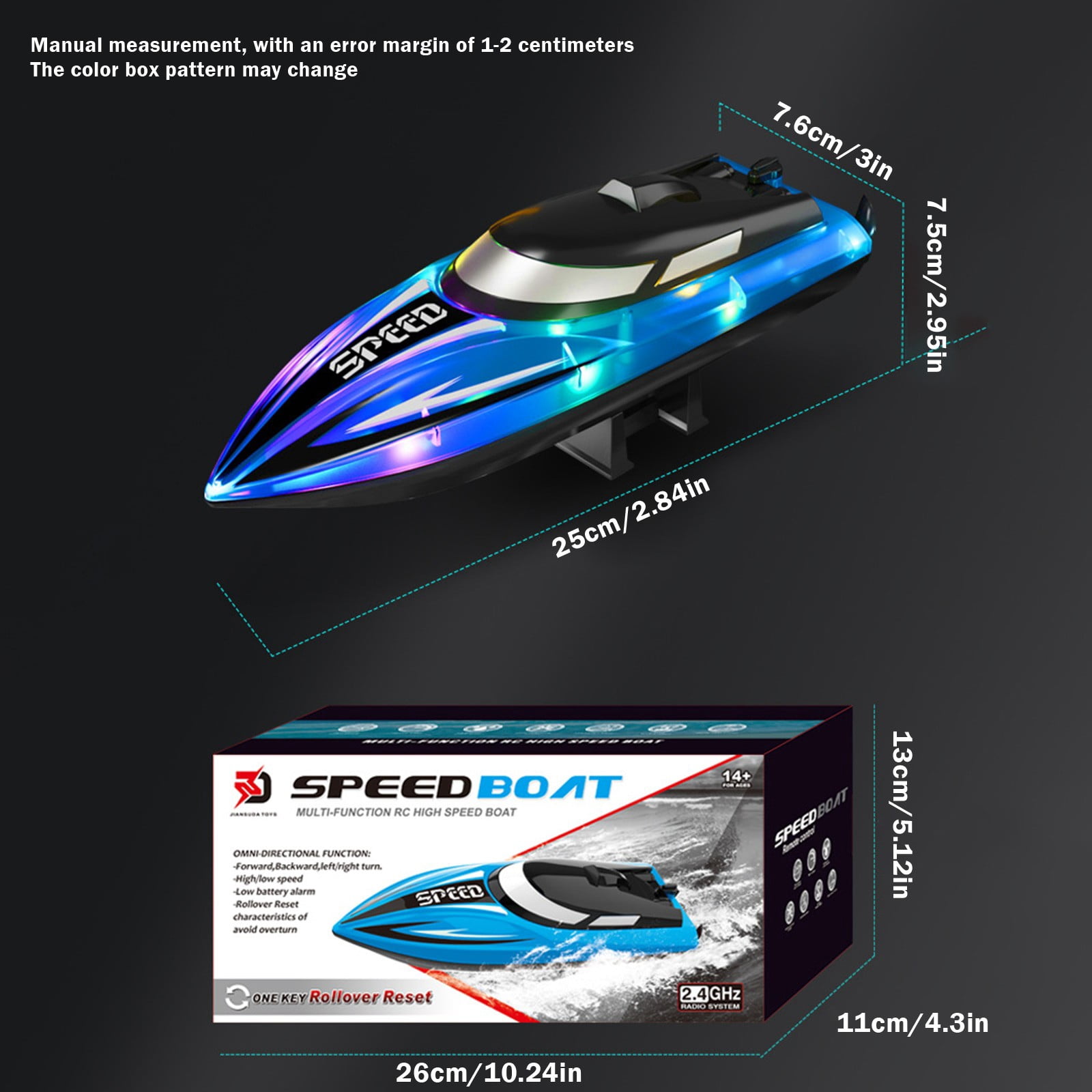 RC Boat with LED Lights - 14Inch Remote Control Boat for Kids and Adults, 2.4Ghz Fast RC Boats 15 KPH for Lakes & Pools with Rechargeable Battery, Summer Toys Gifts for Kids Age 8-12 White