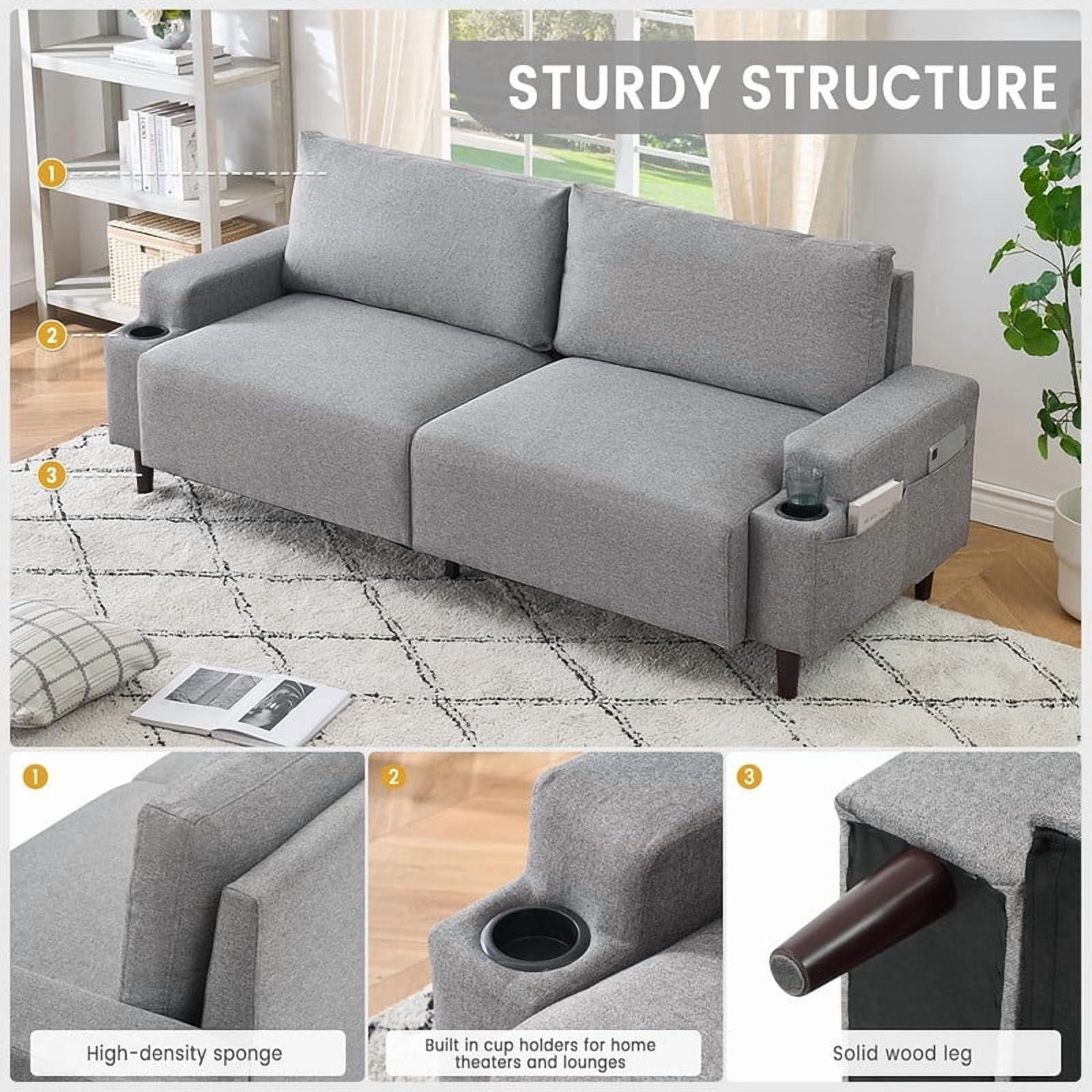 80 Inch Grey Modern Loveseat Sofa with Cup Holder, Deep Seat Sofa - Comfortable Sofa for Living Room