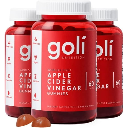 GOLI Apple Cider Vinegar Gummy Vitamins | Vitamins B9 & B12, Gelatin-Free, Gluten-Free, Vegan & Non-GMO | 3 Bottles x 60 Count (180 Gummies)