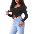 thumbnail image 4 of INSPIRAR CHIC Blusas Cortas de Mujer con Cordón y Fruncido en la Parte Frontal, Cuello en V, Estilo Casual Y2K, Talla XS, Color Negro, 4 of 6