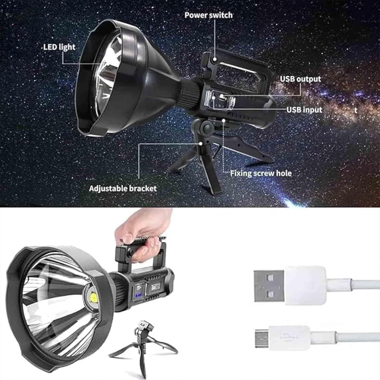 Ms32 Flashlight 200000 Lumens, Super Bright LED Searchlight with Tripod, Handheld Spotlight for Camping, Spotlight, Multifunctional Night Fishing Camping Light, Worlds Brightest Flashlight (Small)