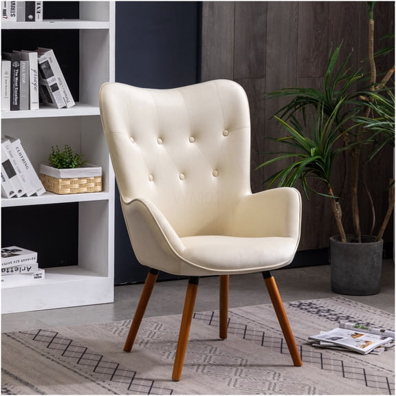 Modern Velvet Upholstered Accent Chair with Button Tufted Back and Wood Legs, White