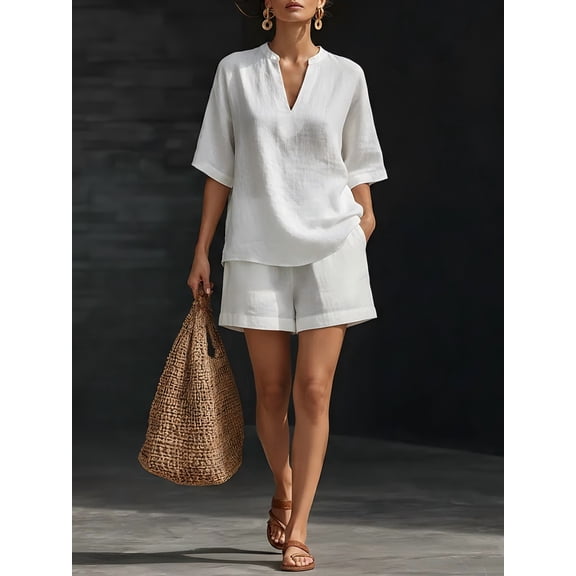 Women's Two-piece V-neck 3/4-sleeve Top with Shorts Set, Casual Wear, Suitable for Summer Beach Vacation