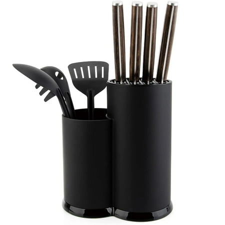 

Knife Block Holder Universal Knife Block Without Knives Unique Double-Layer Wavy Design Round Black Knife Holder For Kitchen Space Saver Knife Storage With Scissors Slot-Double Barrel Knife Holder
