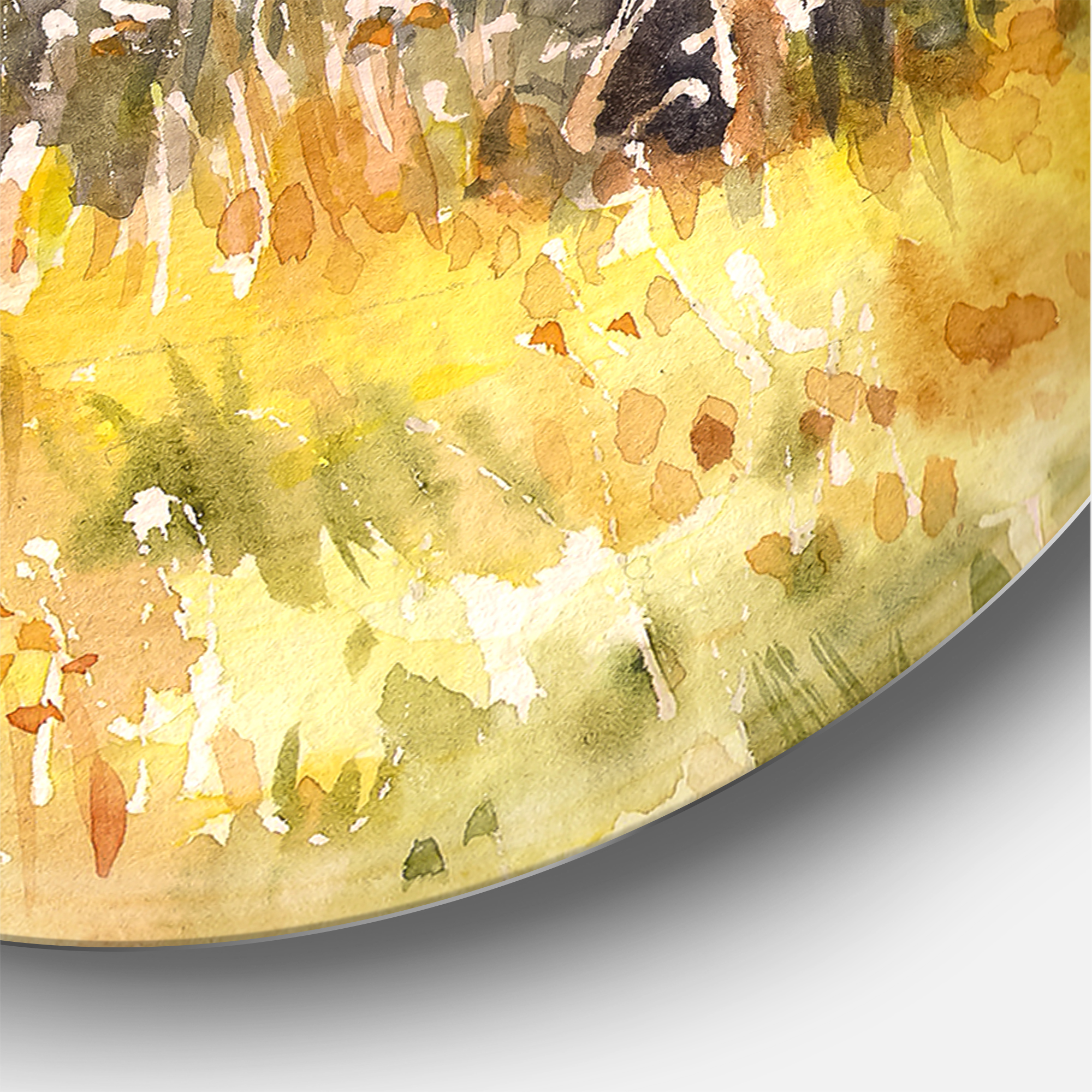 Designart 'Bright Sunshine Through The Yellow Forest Trees II' Traditional Circle Metal Wall Art 11x11 - Disc of 11