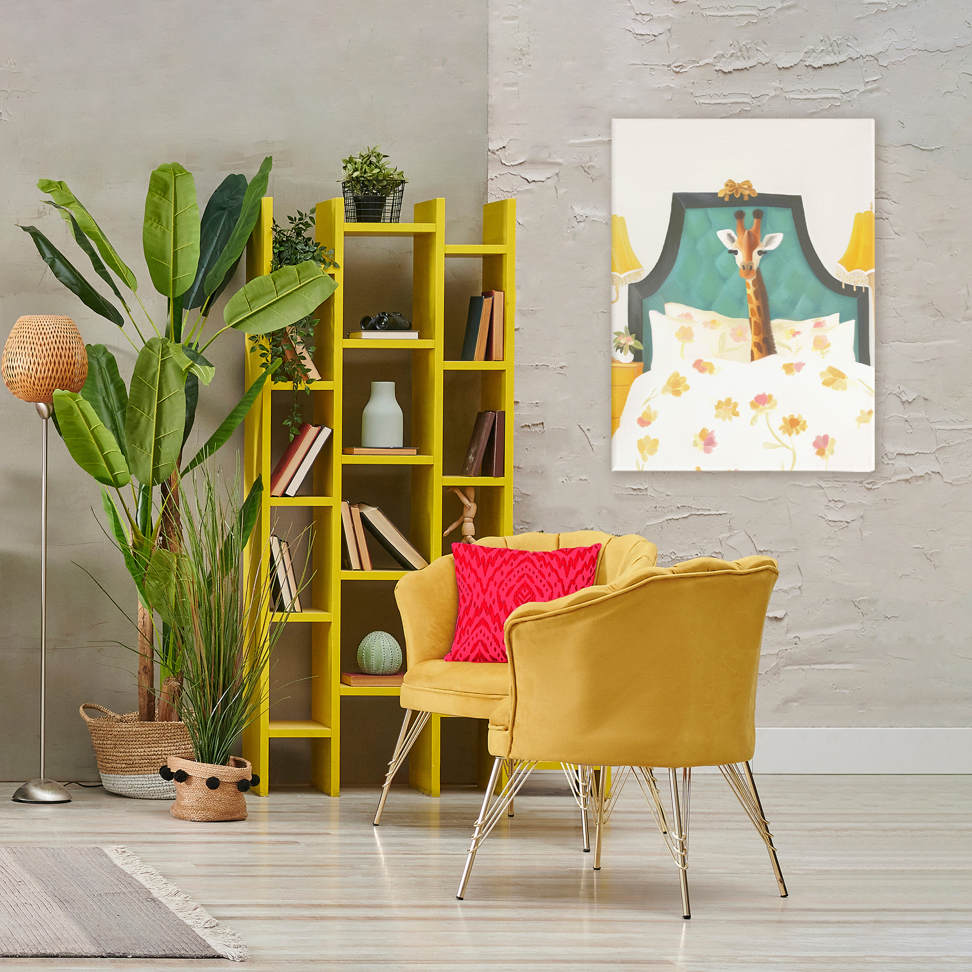 Good Morning Giraffe in Bed Canvas Wall Art, design by Leah Straatsma