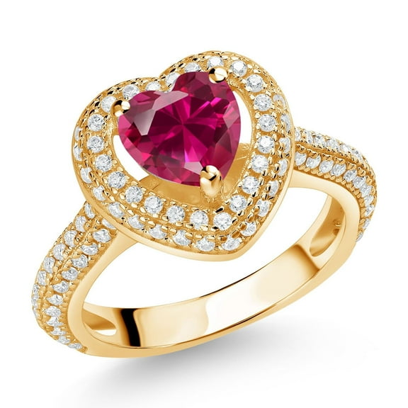 Gem Stone King 18K Yellow Gold Plated Silver Red Created Ruby and White Moissanite Heart Shape Ring for Women (1.58 Cttw, Available in Size 5, 6, 7, 8, 9)
