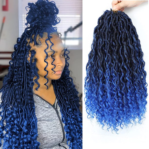 Alimiriam New Goddess Locs Pelo De Ganchillo 6 Paquetes De 14 Pulgadas Azul Boho Faux Locs Ondulado Pelo De Ganchillo River Faux Locs Pelo De Ganchillo Con Rizado En Medios Y Extremos Extensiones De C