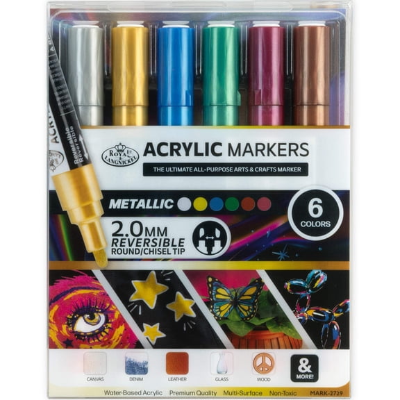 Royal & Langnickel Acrylic Metallic Markers, 6 Piece Set, Reversible Tip