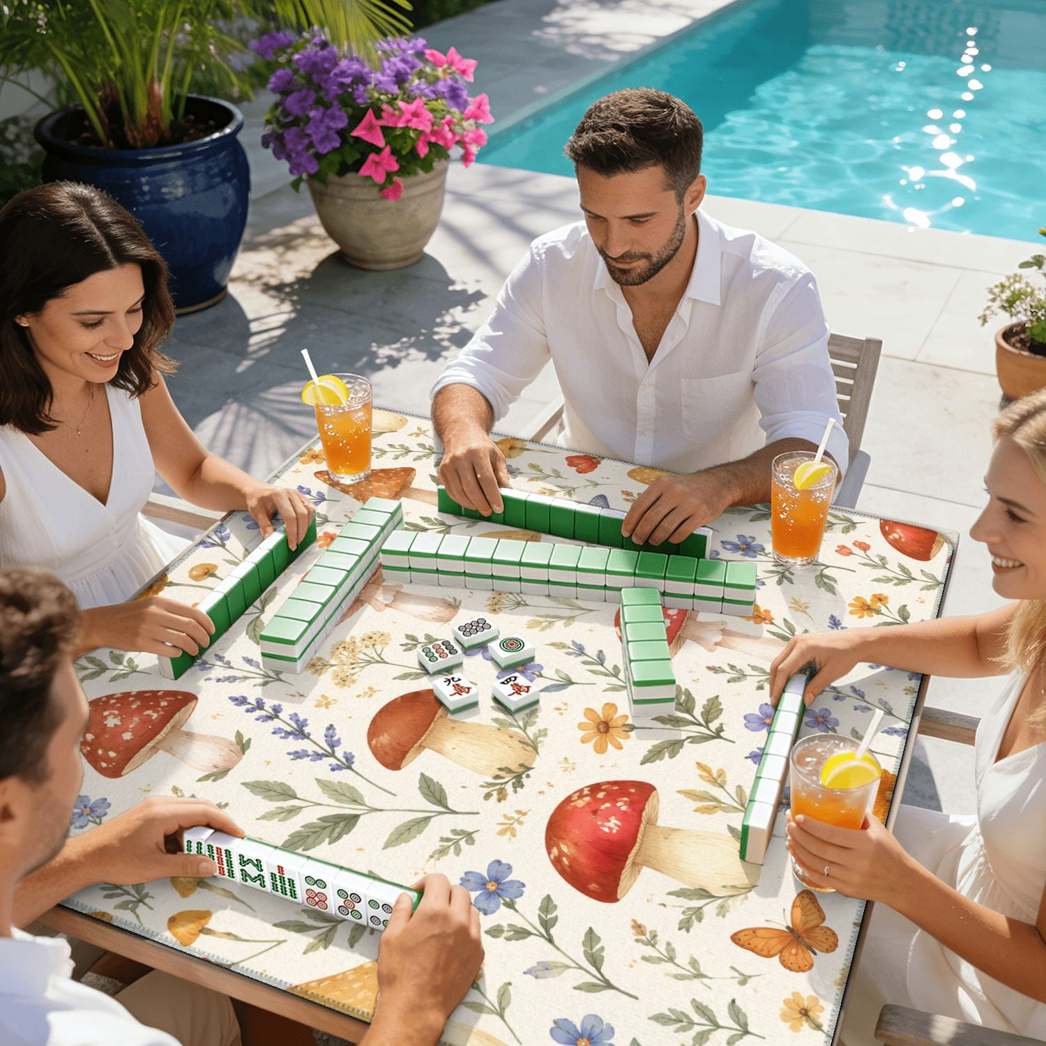 Mahjong Mat 31.5" x 31.5" Whimsical Mushroom Wildflower Seamless Soft Watercolor Cottagecore Non-Slip Noise Reduction American Mahjong Tiles Table Cover for Dominoes Poker Card Board Games Gift