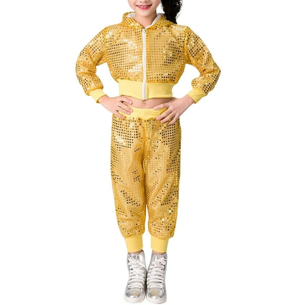 Odeerbi 1-8 Años Niños Niñas Sudaderas Con Capucha de Lentejuelas Sudaderas Con Capucha de Algodón Brillante Hip Hop Escenario Trajes Pantalones Largos Conjunto