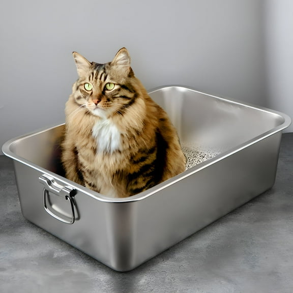 ACDANC Rectangle Stainless Steel Cat Litter Box Broken-resistant Low Entry Open Spacious Metal Litter Pan Pet Accessories