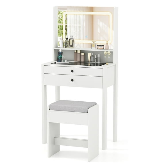 Gymax Small Vanity Desk w/Mirror Lights Charging Station Glass Top Drawers Shelf