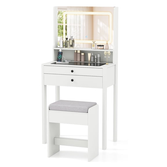 Gymax Small Vanity Desk w/Mirror Lights Charging Station Glass Top Drawers Shelf