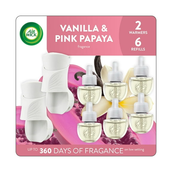 Air Wick Plug In Scented Oil Starter Kit, 2 Warmers 6 Refills, Vanilla & Pink Papaya, Essential Oils, Air Freshener