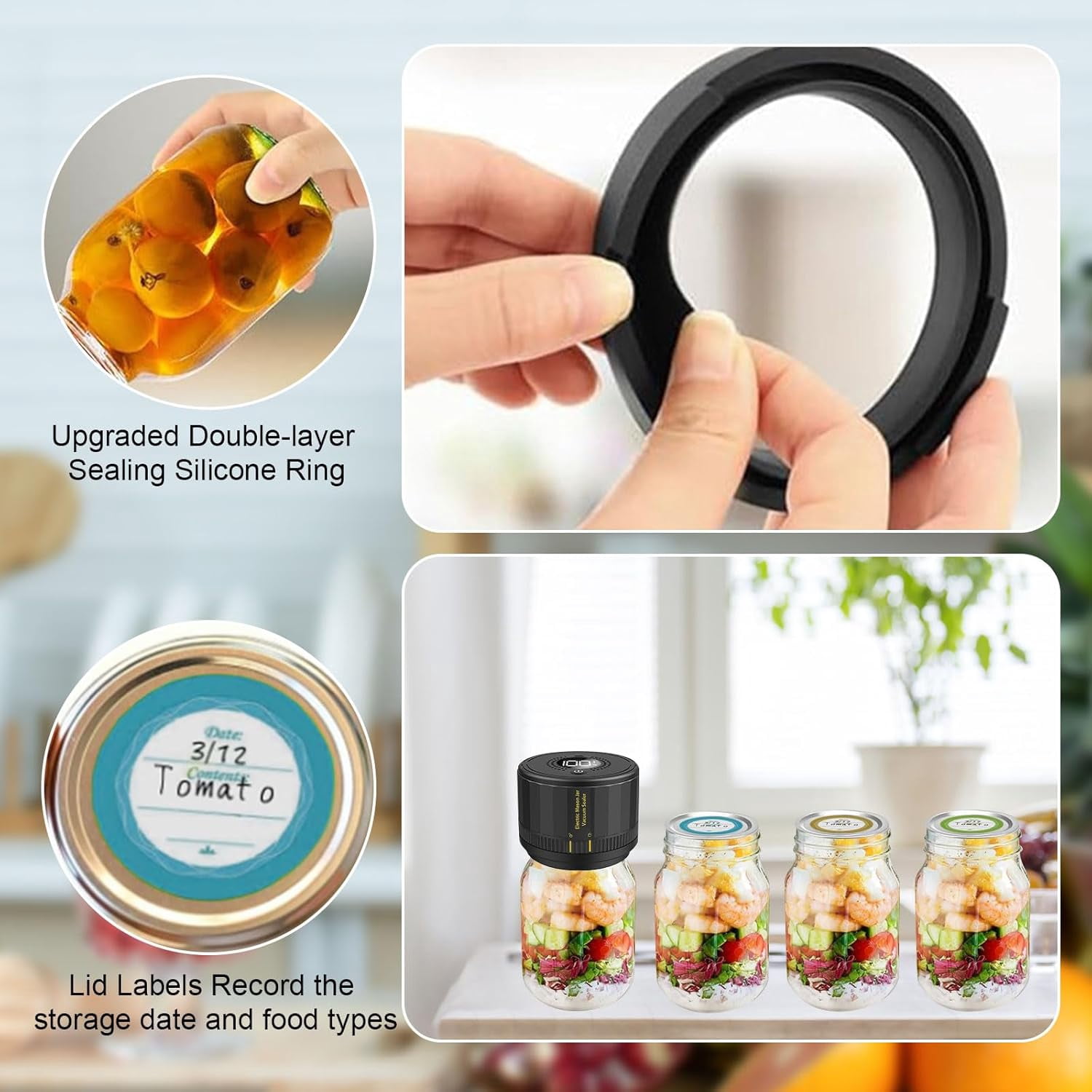 Auto Stop Electric Mason Jar Vacuum Sealer Kit, Portable Cordless Automatic Jar Sealer Kit for Wide Mouth and Regular Mouth for Food Storage and Fermentation