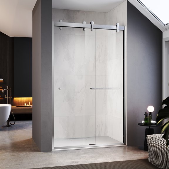 UKD08  46"-48" W X 76" H Double Sliding Shower Door with Frame - Hardware, 8mm Tempered Glass, Stainless Steel Hanger Rollers, Easy-Cleaning Coating, Through-Glass Towel Bar & Knob