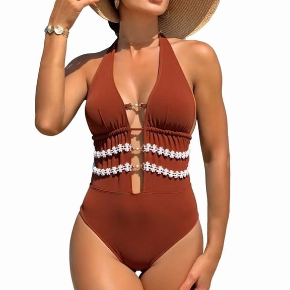 PWPSG Lace Cutout Halter One Piece Swimsuit, Ruched Bust with Adjustable Strap and Full Coverage for Poolside Brown S