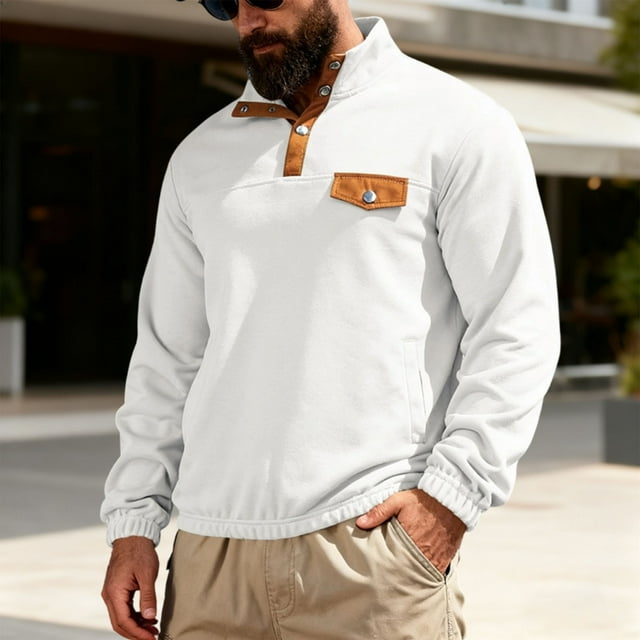 pstuiky manga larga de hombre, Blusa/camisa informal y moderna de color liso con cuello alto, manga larga y bolsillos para hombre camisetas de hombre xxl