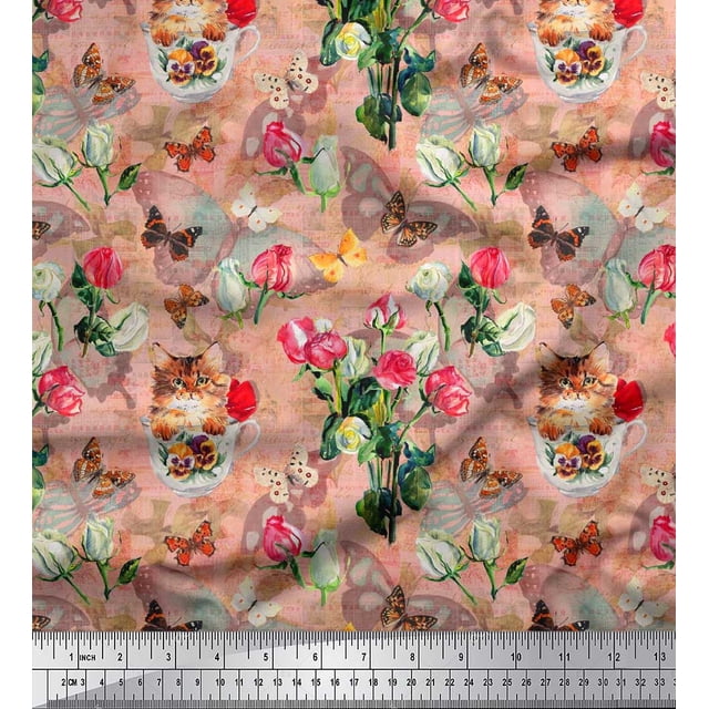 Soimoi Orange Polyester Crepe Fabric Cat,Insect & Rose Buds Flower Print Sewing Fabric BTY 52 Inch Wide