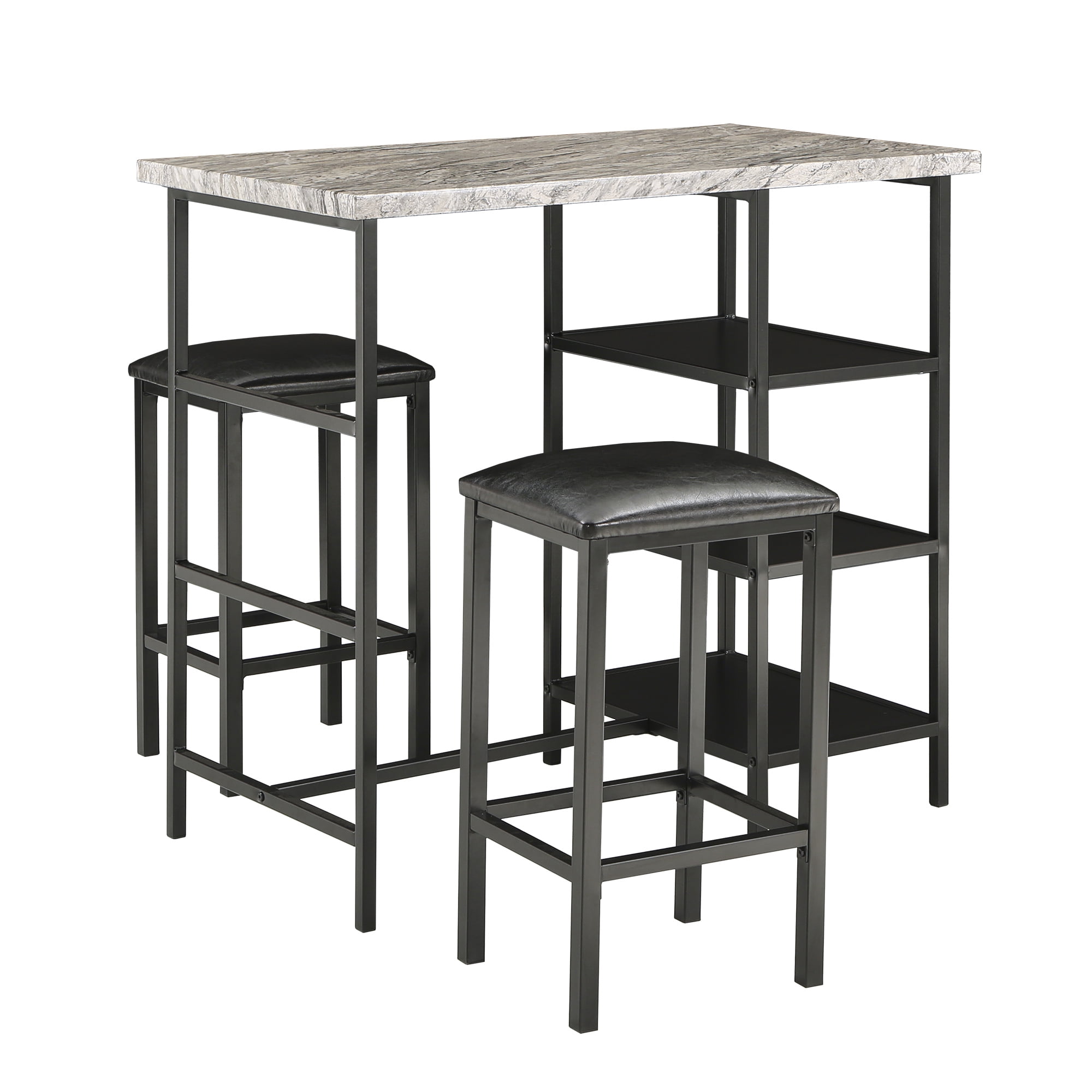 Weston Home Harper Counter Height Metal Table with Faux Marble Top and 2 Stools, Black