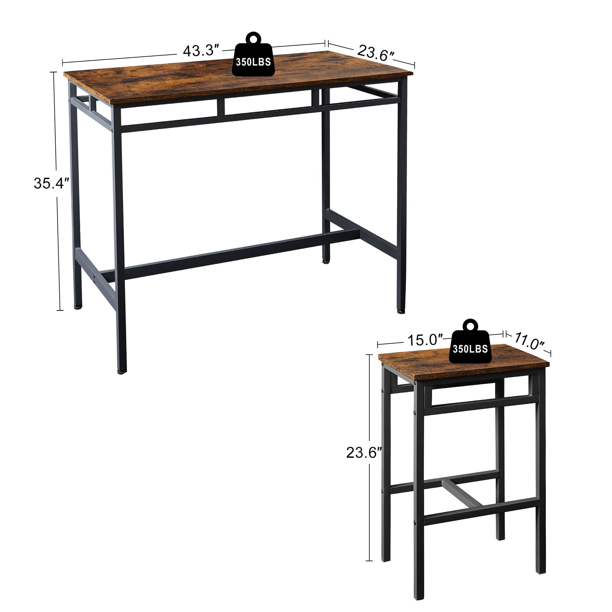 Aukfa 5-Piece Counter Height Dining Set, Bistro Pub Table Set with 4 Stools for Small Space, Rustic Brown