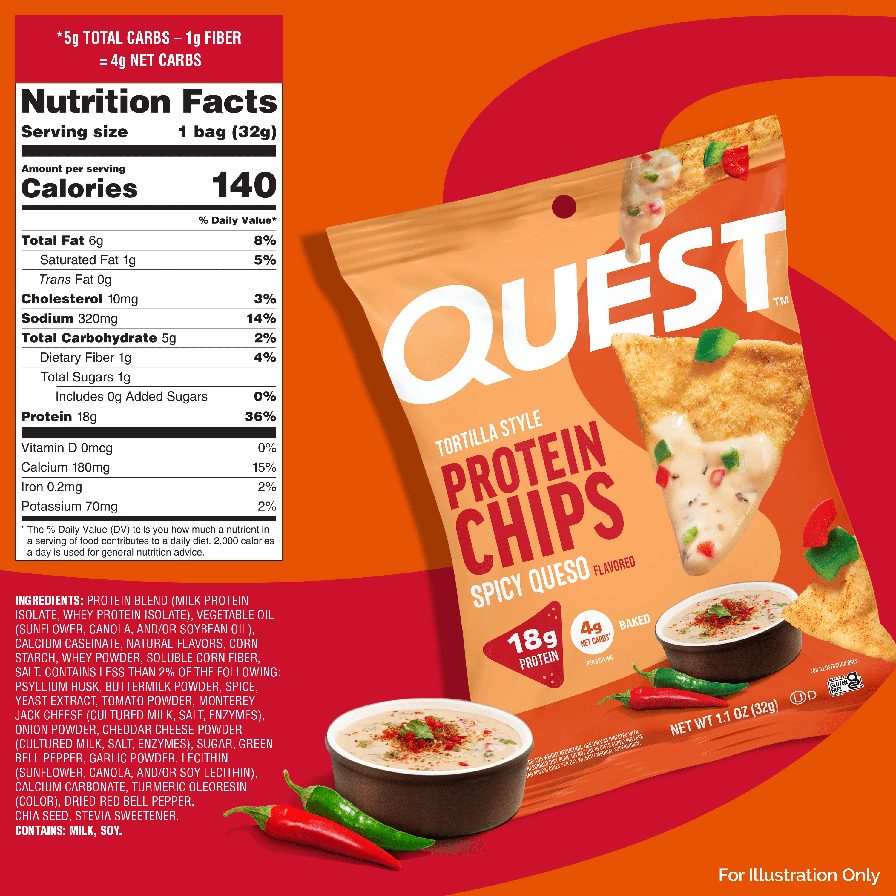 Quest Spicy Queso Flavored Tortilla Style Protein Chips, High Protein*, Low Carb*, Gluten Free, 4 Count