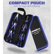 6 pcs Mini Pliers Set - Long, Bent, Needle Nose, Diagonal, End Cut, Combination - Spring Loaded Handle, 5 Inch - Mechanic, Craftsman Basic Tool Kit - Roll Up Carry Bag Included