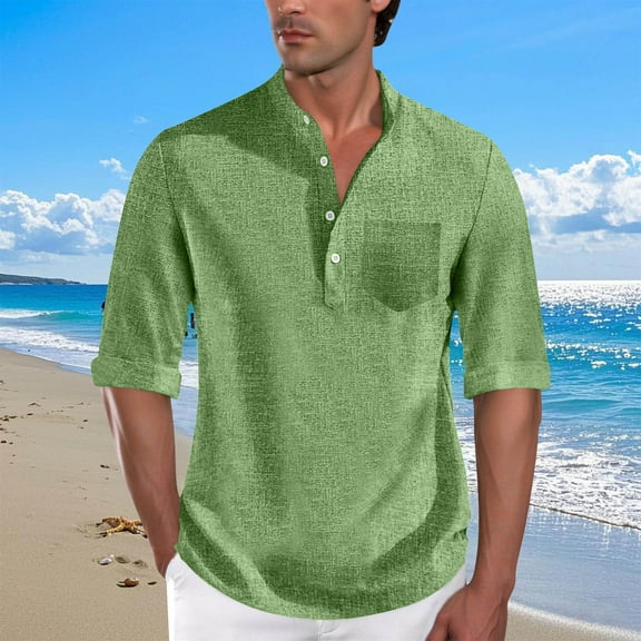 SYMOID Big & Tall Men's Wrinkle-Free 3/4 Sleeve Mandarin Collar Casual Shirt with Chest Pocket, Green, Size 3XL