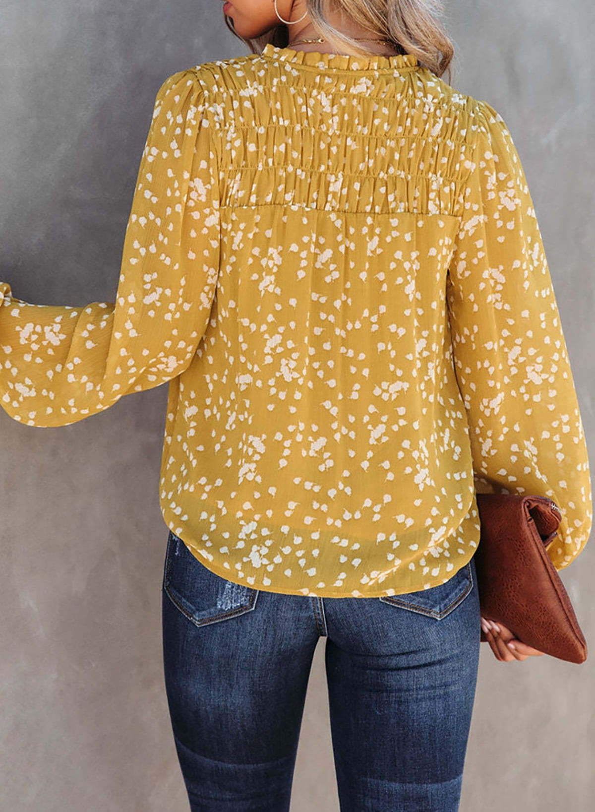 Blouses for Women Long Sleeve V Neck Smocked Tops Casual Boho Floral Print Chiffon Blouse Shirts Yellow M