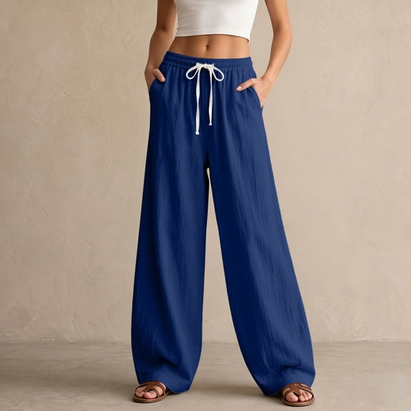 Maqroz Linen Pants for Women Drawstring Elastic Waist Wide Leg Trousers Casual Baggy Lounge Slacks Summer Holiday Beach Vacation Wear