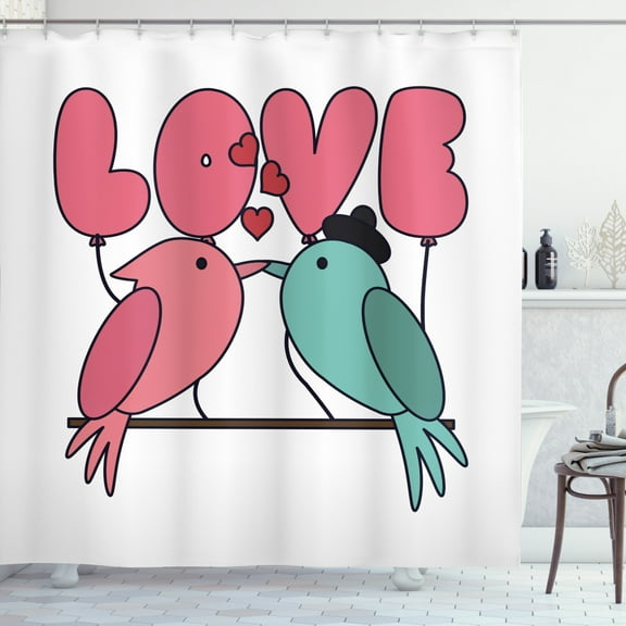 Kissing Shower Curtain, Graphical Design of Love Balloon and Bird Motifs Branch on Plain Background, Fabric Bathroom Set with Hooks, 69W X 70L Inches, Pink Seafoam White, by Ambesonne